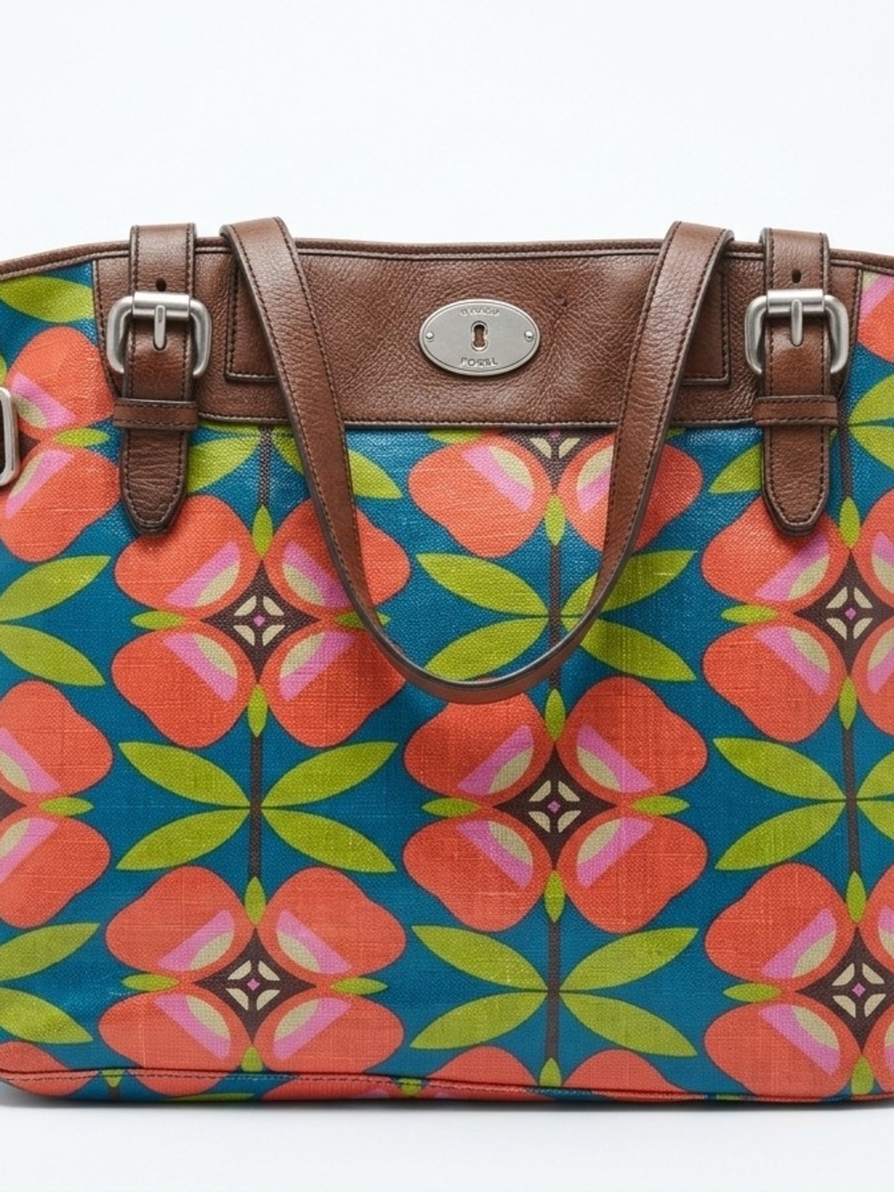 Fossil Coral & Teal Floral Canvas Tote with Brown Leather Trim